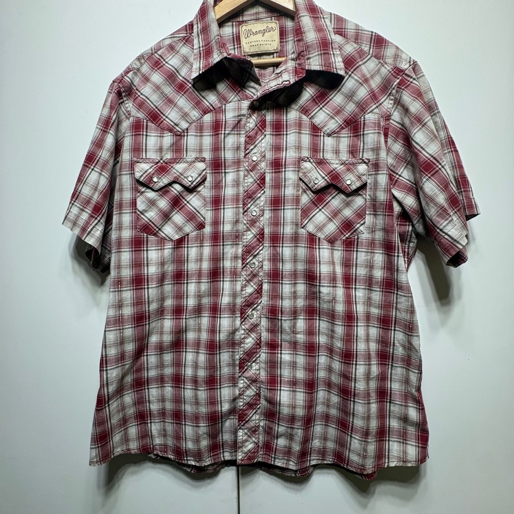 Wrangler Western Fashion Snap Mens XL Red Plaid Metallic Short Sleeve Cowboy
